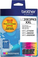 Brother - LC20E3PKS XXL Super High-Yield 3-Pack Ink Cartridges - Cyan/Magenta/Yellow - Large Front