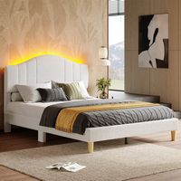 Pinmoco - Queen Upholstered Platform Bed Frame with Adjustable LED Arc Headboard - Fabric White - Large Front