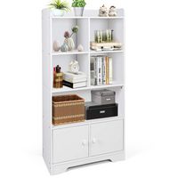 Costway - 4-Tier Bookshelf 2-Door Storage Cabinet w/4 Cubes Display Shelf for Home Office - White - Large Front