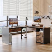 Bestier - L-Shaped Computer Desk with Monitor Stand - Black - Large Front