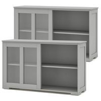 Costway 2-Door Stackable Buffet Sideboard Set of 2 with Sliding Tempered Glass Doors - Gray - Large Front
