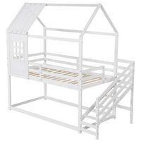 Costway Twin House Bunk Bed with Stairs Roof Rails & Window Full-length Guardrails - White - Large Front
