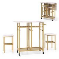 Costway 3 PCS Rolling Dining Table Set Extendable Kitchen Table 2 Stools with Wine Rack White - W... - Large Front