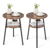 Costway 2PCS 2-Tier Bedside End Table Round Nightstand for Bedroom Living Room - Walnut - Large Front