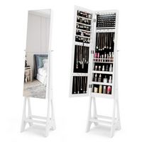 Costway - LED Jewelry Cabinet Armoire with  Bevel Edge Mirror Organizer Mirrored Standing - White - Large Front