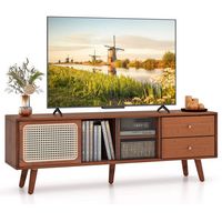Costway Bamboo TV Stand Console Table with PE Rattan Door & 2 Drawers for TV up to 65