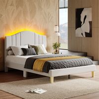 Pinmoco - Full Upholstered Platform Bed Frame with Adjustable LED Arc Headboard - Fabric Beige - Large Front