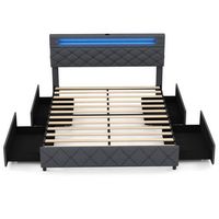 Costway Queen Size Bed Frame with Led Lights & Charging Station & Modern Upholstered Bed - Gray - Large Front