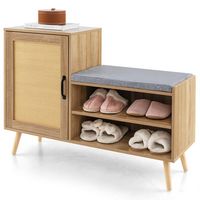 Costway - 2-in-1 Rattan Shoe Cabinet with Bench 3 Adjustable Shelves & Solid Pine Wood Legs - Nat... - Large Front