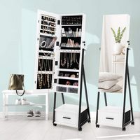 Costway - Jewelry Cabinet Armoire Full Length Mirror Lockable w/ Bottom Drawer & Wheels - White - Large Front