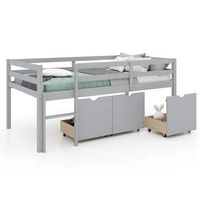 Costway Twin Size Low Loft Bed with 3 Drawers Ladder & Full-length Guardrails Storage - Grey - Large Front