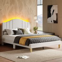 Pinmoco - Queen Upholstered Platform Bed Frame with Adjustable LED Arc Headboard - Fabric Beige - Large Front