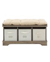 Walker Edison - Rustic Farmhouse Entryway Storage Bench with Totes - Grey Wash - Large Front