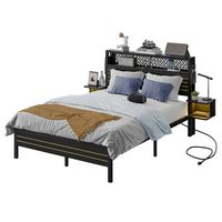 Bestier Full Bed Frame Golden Stripe Headboard LED Nightstands Metal Platform with Charging Stati... - Large Front