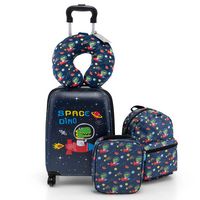 Costway - 5 PCS Kids Luggage Set with Backpack Neck Pillow Luggage Tag Lunch Bag Wheels - Dark Blue - Large Front