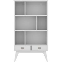 Simpli Home - Draper Mid-Century Modern Solid Hardwood 6-Shelf 2-Drawer Bookcase - White - Large Front
