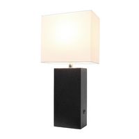 Elegant Designs - Modern Leather Table Lamp with USB and White Fabric Shade - Black - Large Front