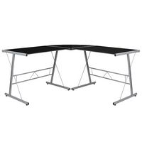 Alamont Home - Ginny L Contemporary Glass  Home Office Desk - Black Top/Silver Frame - Large Front