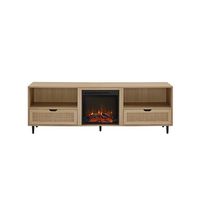 Walker Edison - Boho Rattan-Door Electric Fireplace Console - Coastal Oak - Large Front