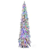 Costway - 6 FT Pre-Lit Slim Christmas Tree Flocked Xmas Decoration 11 Modes 250 LED Lights - Gree... - Large Front