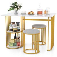 Costway 3 Piece Dining Table Set w/ 2 Stools 2-tier Storage Shelf Upholstered Seat - White and Gold - Large Front