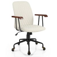 Costway - Velvet Home Office Chair with Adjustable Swivel and Wooden Armrest - Beige - Large Front