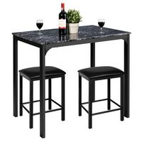 Costway 3 Piece Counter Height Dining Set Faux Marble Table 2 Chairs Kitchen Bar - Black - Large Front