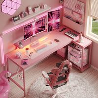 Bestier - L-Shaped Gaming Desk with LED Lights - Pink - Large Front
