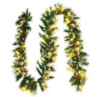 Costway - 9ft Pre-lit Christmas Garland w/ Snow Flocked Tips Red Berries 50 Lights & Timer - Green - Large Front