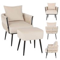 Costway - Modern Dutch Velvet Accent Chair and Ottoman Set - Beige - Large Front