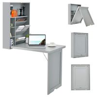Costway - Wall Mounted Computer Convertible Desk with Bookcases - Grey - Large Front