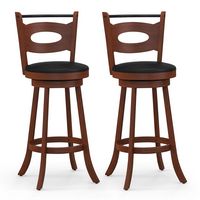 Costway Set of 2 Bar Stools 360° Swivel Dining Chairs Solid Rubber Wood Leather Padded - Black/Brown - Large Front