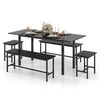 Costway 5 PCS Dining Table Set for 4-6 w/ 2 Benches & 2 Stools Metal Frame Dining Room - Black - Large Front