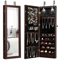 Costway - Wall Mount Mirrored Jewelry Cabinet Organizer LED Lights - Brown - Large Front