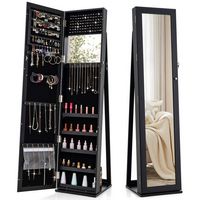 Costway - Mirrored Jewelry Cabinet Armoire Lockable Standing Storage Organizer with Shelf - Black - Large Front