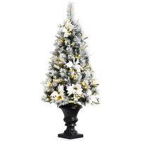 Costway - 4ft Pre-lit Snowy Christmas Entrance Tree w/ White Berries & Flowers - Green/White - Large Front