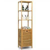 Costway - Bathroom Tilt-out Laundry Hamper Bamboo Tower Hamper w/3-Tier Shelves - Natural Color - Large Front