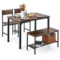 Costway 4pcs Dining Table Set Rustic Desk 2 Chairs & Bench with Storage Rack - Brown - Large Front