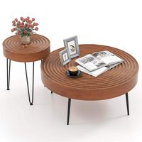 Costway Farmhouse Round CoffeeTable Set of 2 End Table Natural Finish for Living Room - Brown - Large Front