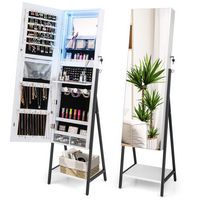 Costway - Jewelry Cabinet Armoire 3 Color LED Modes Full-Length Frameless Mirror Lockable - White - Large Front