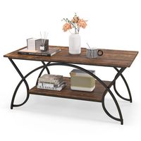 Costway 2-Tier Industrial Coffee Table Rectangular Cocktail Table with Storage Shelf - Rustic Brown - Large Front