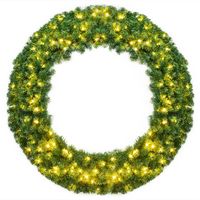 Costway 48'' Pre-lit Cordless Artificial Christmas Wreath 714 Tips w/ 200 LED Light&Timer - Green - Large Front