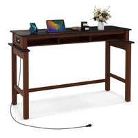 Costway Bar Table with Power Outlets Counter Height Table with Storage Compartments Wooden - Black - Large Front