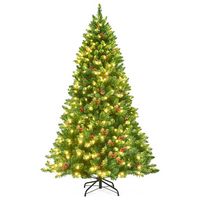 Costway - 6.5Ft Pre-lit Hinged Christmas Tree w/ Pine Cones Red Berries and 450 LED Lights - Green - Large Front