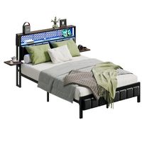 Bestier - Full Size Bed Frame with Upholstered Headboard Built-in Storage LED Lighting and Chargi... - Large Front