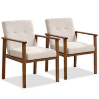 Costway 2 PCS Modern Accent Chair Upholstered Linen Fabric Armchair with Solid Wood Legs - Beige - Large Front