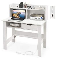 Costway - Computer Desk with Power Outlets and USB Ports - White - Large Front