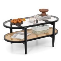 Costway 2-Tier Coffee Table Tempered Glass Top with PE Rattan Shelf & Acacia Wood Frame - Black - Large Front