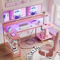 Bestier 71inch L-Shaped LED Gaming Desk with Power Outlet Computer Desk - Light Pink - Large Front