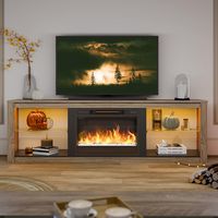 Bestier 70-Inch LED Fireplace TV Stand in White with Tempered Glass Shelves and Open Storage Cabi... - Large Front